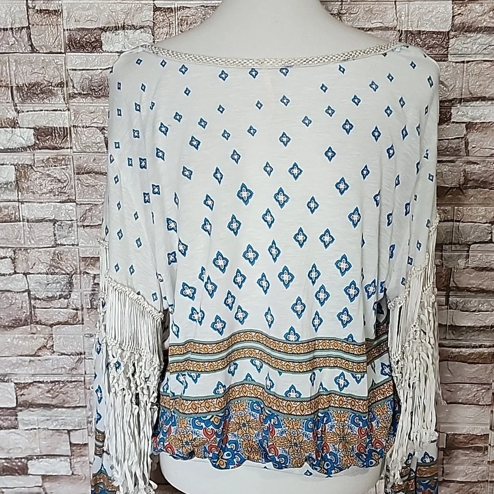 Free People Bohemian Fringe V-Neck Top - White and Blue